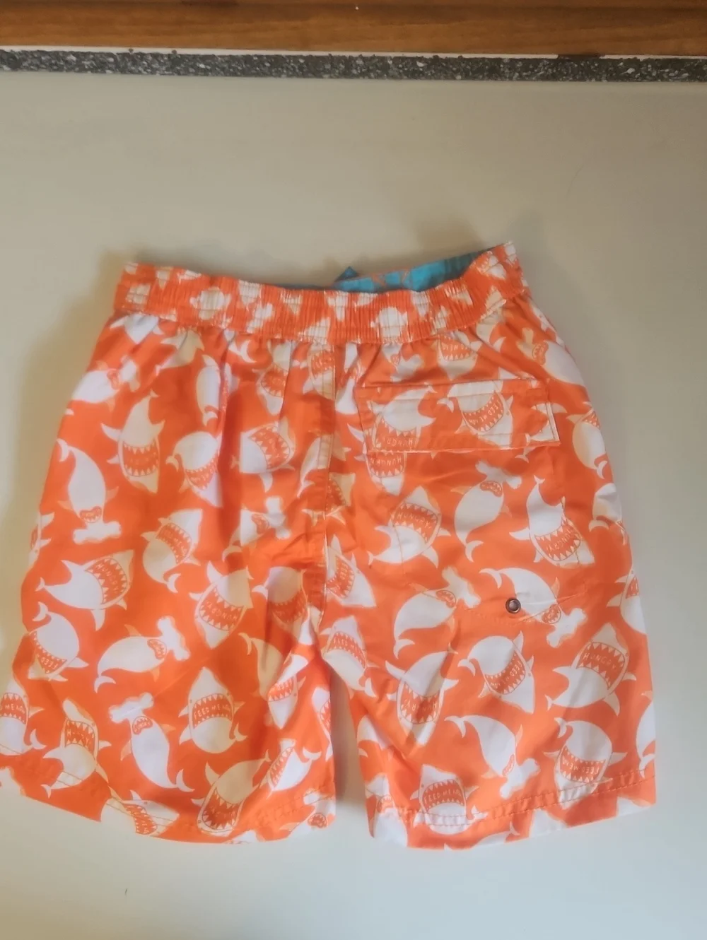 Skechers Orange and White Shark-Print Swim Trunks with Blue Drawstring